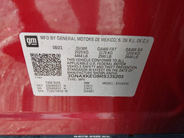 46121166 :رقم المزاد ، 3GNAXKEG9RS135203 vin ، 2024 Chevrolet Equinox Fwd Lt مزاد بيع