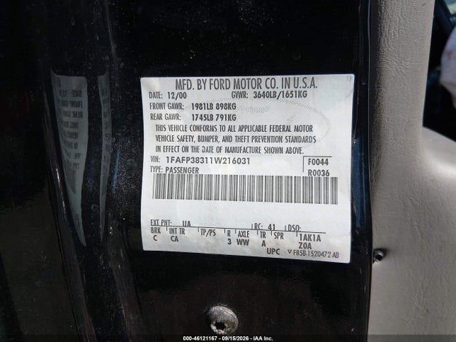 Продаж на аукціоні авто 2001 Ford Focus Zts, vin: 1FAFP38311W216031, номер лоту: 46121167