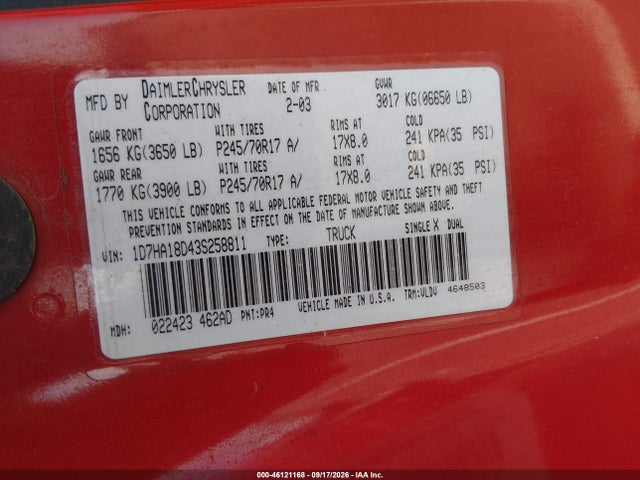 Продаж на аукціоні авто 2003 Dodge Ram 1500 Slt/laramie/st, vin: 1D7HA18D43S258811, номер лоту: 46121168