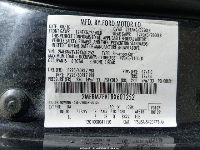Продажа на аукционе авто 2011 Mercury Grand Marquis Ls (fleet Only), vin: 2MEBM7FV1BX601252, номер лота: 46121191