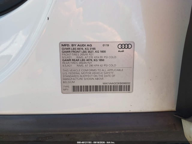46121193 :رقم المزاد ، WA1VAAGE3KB006032 vin ، 2019 Audi E-tron Premium Plus مزاد بيع