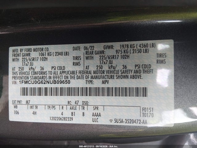 Продажа на аукционе авто 2022 Ford Escape Se, vin: 1FMCU0G62NUB09650, номер лота: 46121213