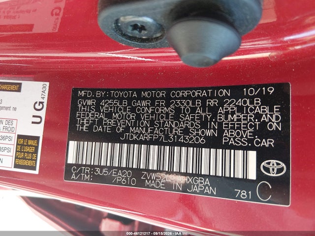 46121217 :رقم المزاد ، JTDKARFP7L3143206 vin ، 2020 Toyota Prius Prime Le/xle/limited مزاد بيع