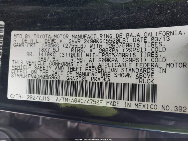 Продажа на аукционе авто 2013 Toyota Tacoma Base V6, vin: 3TMMU4FN4DM056963, номер лота: 46121219
