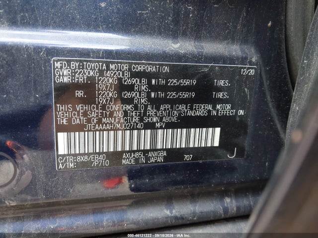 2021 Toyota Venza Xle მანქანა იყიდება აუქციონზე, vin: JTEAAAAH7MJ027140, აუქციონის ნომერი: 46121222