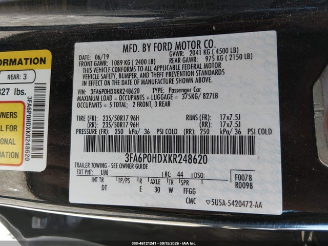Aukcja sprzedaży 2019 Ford Fusion Se, vin: 3FA6P0HDXKR248620, numer aukcji: 46121241