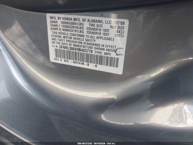 46121242 :رقم المزاد ، 5FNRL386X9B403779 vin ، 2009 Honda Odyssey Exl مزاد بيع