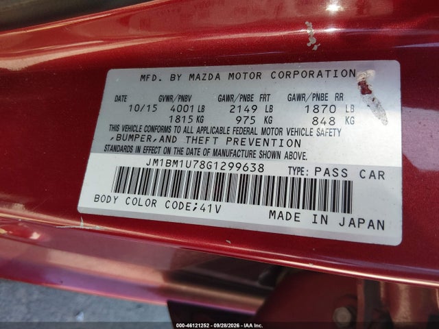 46121252 :رقم المزاد ، JM1BM1U78G1299638 vin ، 2016 Mazda 3 Sport مزاد بيع