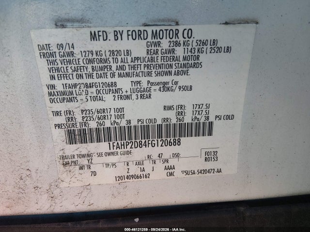 46121259 :رقم المزاد ، 1FAHP2D84FG120688 vin ، 2015 Ford Taurus Se مزاد بيع