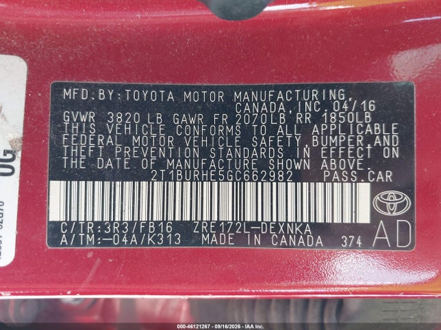 46121267 :رقم المزاد ، 2T1BURHE5GC662982 vin ، 2016 Toyota Corolla Le مزاد بيع