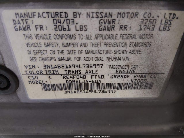 Продаж на аукціоні авто 2004 Nissan Sentra 2.5s, vin: 3N1AB51A94L736997, номер лоту: 46121271