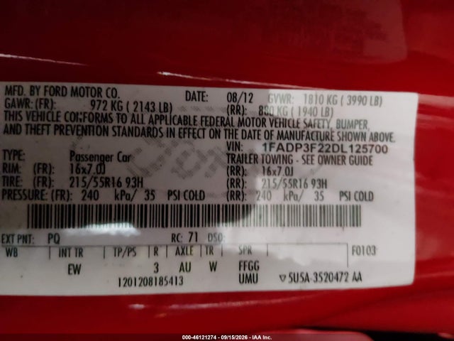 Продажа на аукционе авто 2013 Ford Focus Se, vin: 1FADP3F22DL125700, номер лота: 46121274