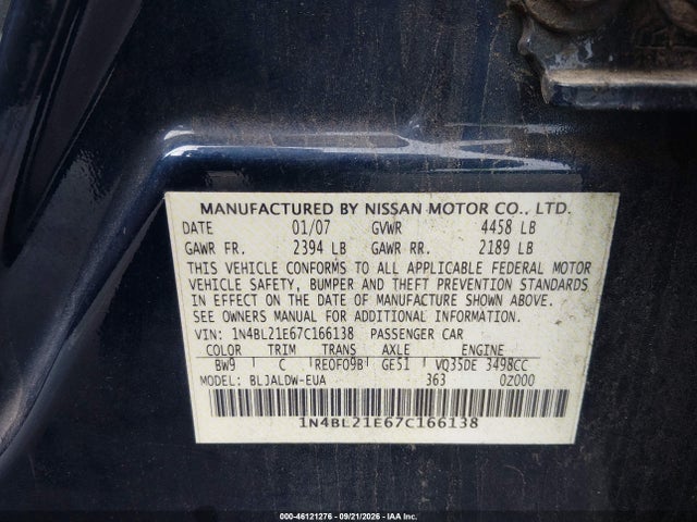 46121276 :رقم المزاد ، 1N4BL21E67C166138 vin ، 2007 Nissan Altima 3.5se/3.5sl مزاد بيع