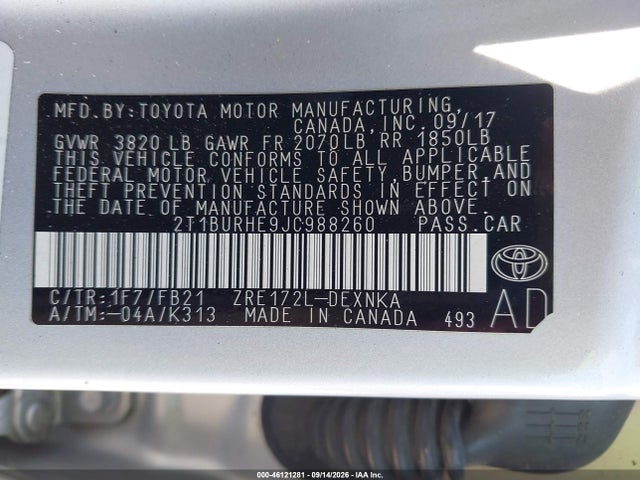 Auction sale of the 2018 Toyota Corolla L/le/xle/se/xse, vin: 2T1BURHE9JC988260, lot number: 46121281