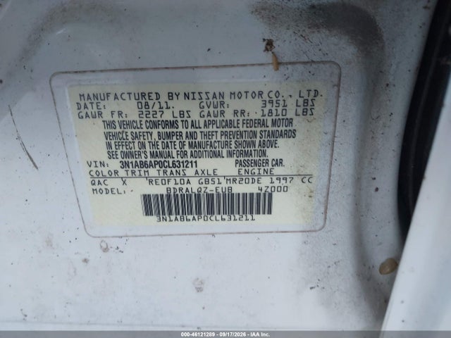 Aukcja sprzedaży 2012 Nissan Sentra 2.0/2.0s/sr/2.0sl, vin: 3N1AB6AP0CL631211, numer aukcji: 46121289
