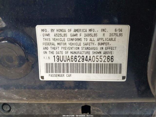 Продаж на аукціоні авто 2004 Acura Tl, vin: 19UUA66294A055266, номер лоту: 46121296