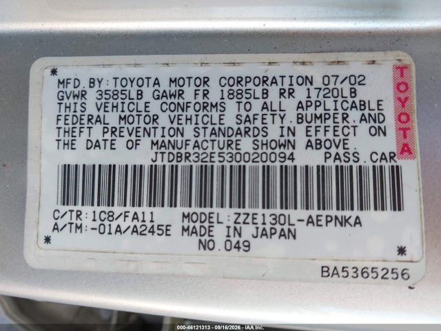 2003 Toyota Corolla Le მანქანა იყიდება აუქციონზე, vin: JTDBR32E530020094, აუქციონის ნომერი: 46121313