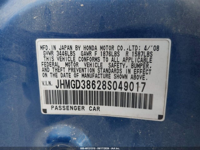 Продажа на аукционе авто 2008 Honda Fit Sport, vin: JHMGD38628S049017, номер лота: 46121315