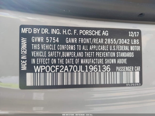 46121349 :رقم المزاد ، WP0CF2A70JL196136 vin ، 2018 Porsche Panamera Sport Turismo Turbo مزاد بيع