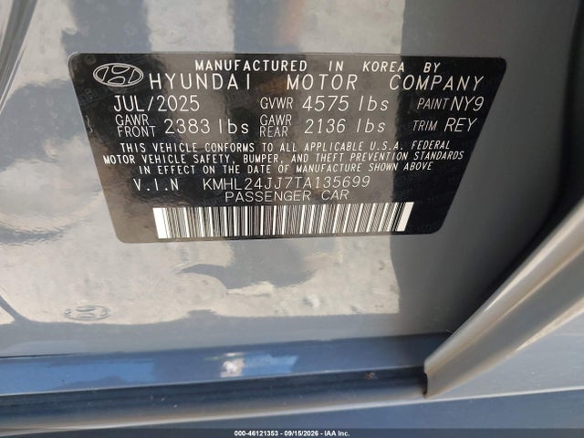 Продажа на аукционе авто 2026 Hyundai Sonata Hybrid/blue, vin: KMHL24JJ7TA135699, номер лота: 46121353