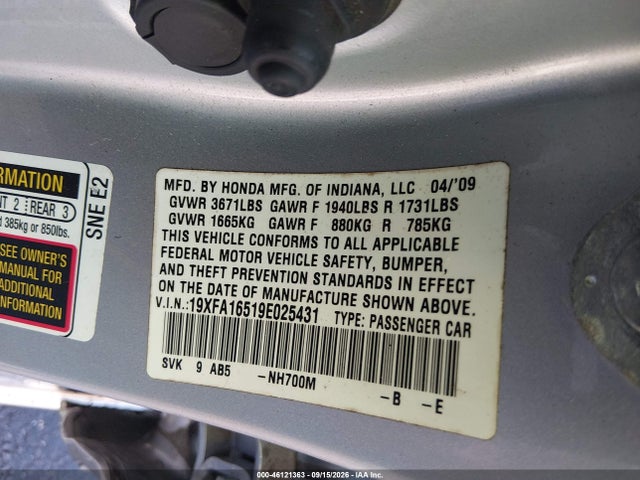 2009 Honda Civic Lx მანქანა იყიდება აუქციონზე, vin: 19XFA16519E025431, აუქციონის ნომერი: 46121363