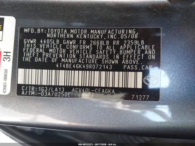 Aukcja sprzedaży 2009 Toyota Camry Se/le/xle, vin: 4T4BE46K49R072143, numer aukcji: 46121371
