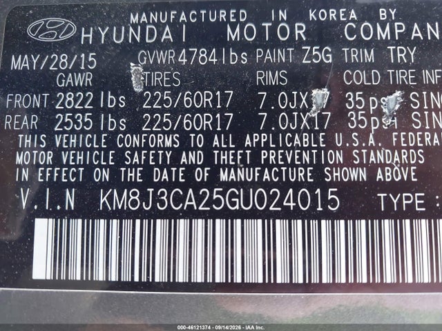 2016 Hyundai Tucson Limited/sport And Eco/se მანქანა იყიდება აუქციონზე, vin: KM8J3CA25GU024015, აუქციონის ნომერი: 46121374