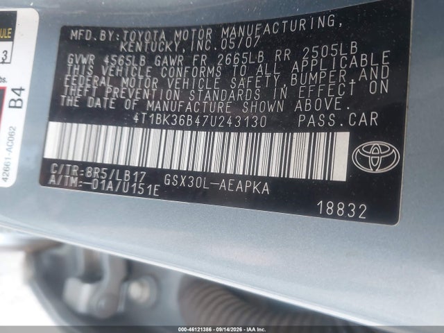 46121386 :رقم المزاد ، 4T1BK36B47U243130 vin ، 2007 Toyota Avalon Xl/xls/touring/limited مزاد بيع