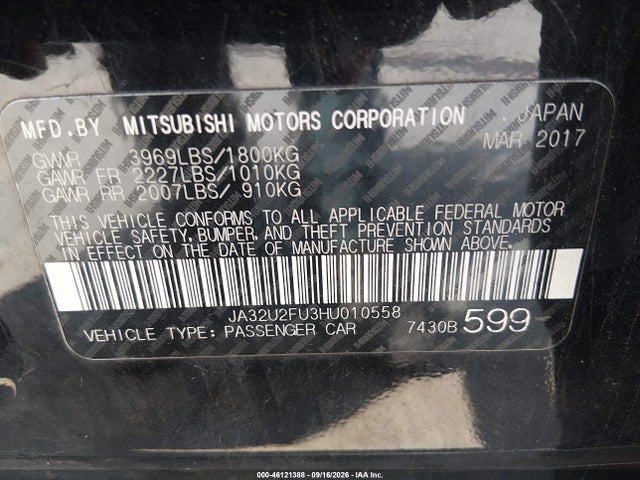 46121388 :رقم المزاد ، JA32U2FU3HU010558 vin ، 2017 Mitsubishi Lancer Es مزاد بيع
