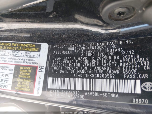Продажа на аукционе авто 2012 Toyota Camry Se/le/xle, vin: 4T4BF1FK5CR209562, номер лота: 46121392