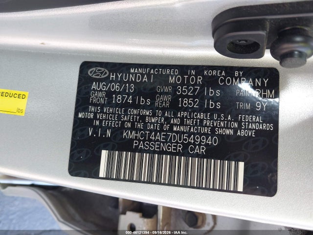 2013 Hyundai Accent Gls მანქანა იყიდება აუქციონზე, vin: KMHCT4AE7DU549940, აუქციონის ნომერი: 46121394