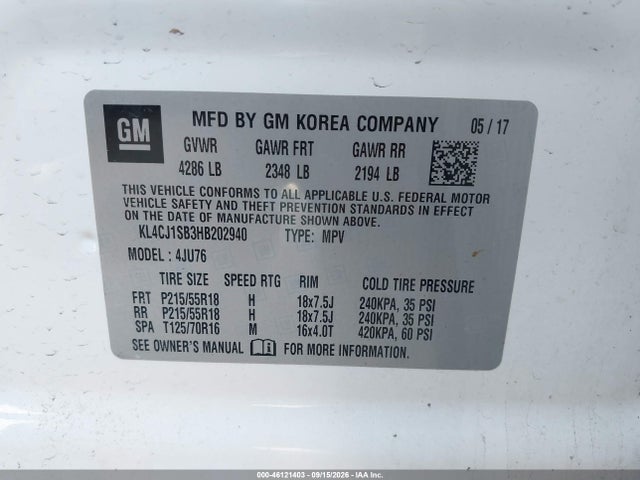Aukcja sprzedaży 2017 Buick Encore Sport Touring, vin: KL4CJ1SB3HB202940, numer aukcji: 46121403