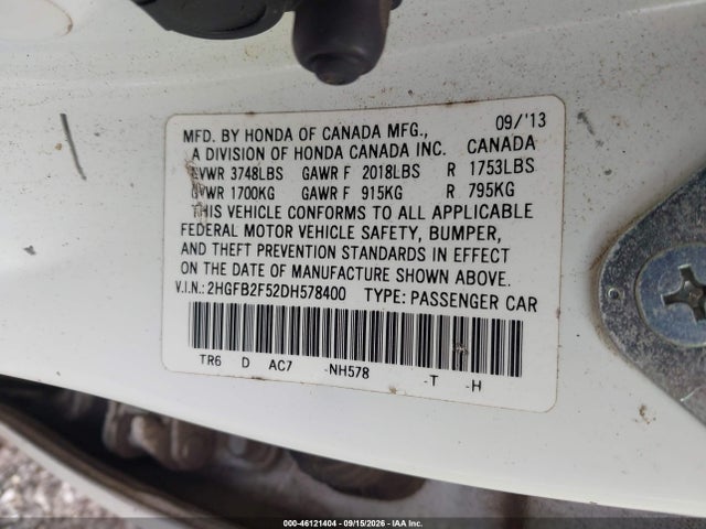 Продажа на аукционе авто 2013 Honda Civic Lx, vin: 2HGFB2F52DH578400, номер лота: 46121404