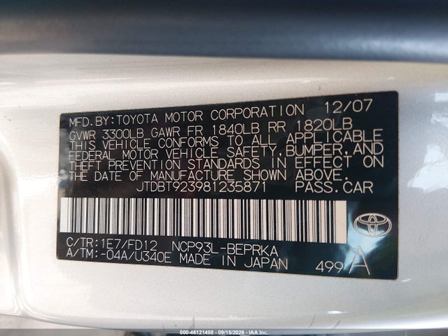 2008 Toyota Yaris მანქანა იყიდება აუქციონზე, vin: JTDBT923981235871, აუქციონის ნომერი: 46121408