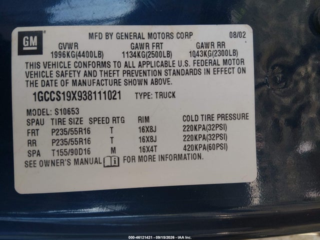 2003 Chevrolet S-10 Ls მანქანა იყიდება აუქციონზე, vin: 1GCCS19X938111021, აუქციონის ნომერი: 46121421
