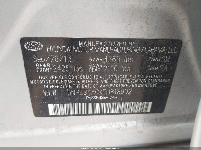 46121425 :رقم المزاد ، 5NPEB4ACXEH818992 vin ، 2014 Hyundai Sonata Gls مزاد بيع