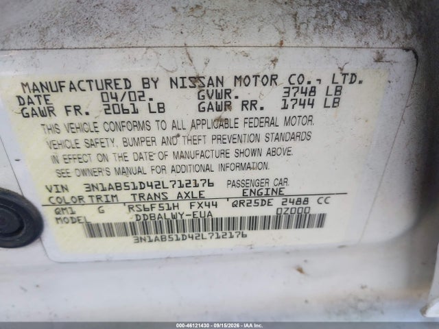 46121430 :رقم المزاد ، 3N1AB51D42L712176 vin ، 2002 Nissan Sentra Se-r Spec V مزاد بيع