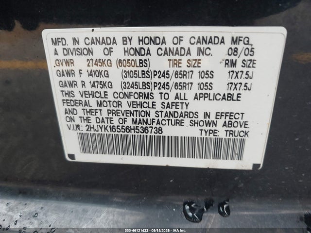 Aukcja sprzedaży 2006 Honda Ridgeline Rtl, vin: 2HJYK16556H536738, numer aukcji: 46121433
