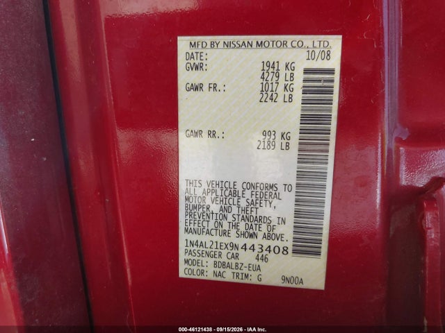 Продажа на аукционе авто 2009 Nissan Altima 2.5 S, vin: 1N4AL21EX9N443408, номер лота: 46121438