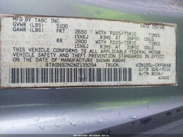 1998 Toyota Tacoma Prerunner V6 მანქანა იყიდება აუქციონზე, vin: 4TASN92N2WZ139294, აუქციონის ნომერი: 46121439