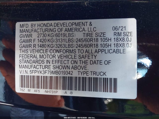 5FPYK3F79MB019342 Honda Ridgeline Rtl