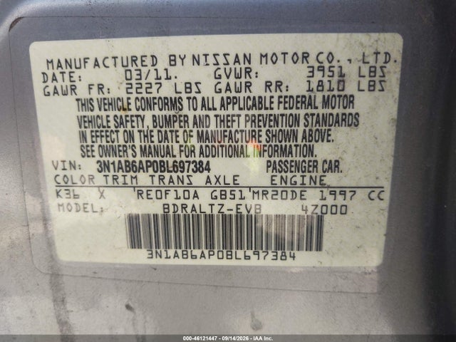 2011 Nissan Sentra 2.0s მანქანა იყიდება აუქციონზე, vin: 3N1AB6AP0BL697384, აუქციონის ნომერი: 46121447
