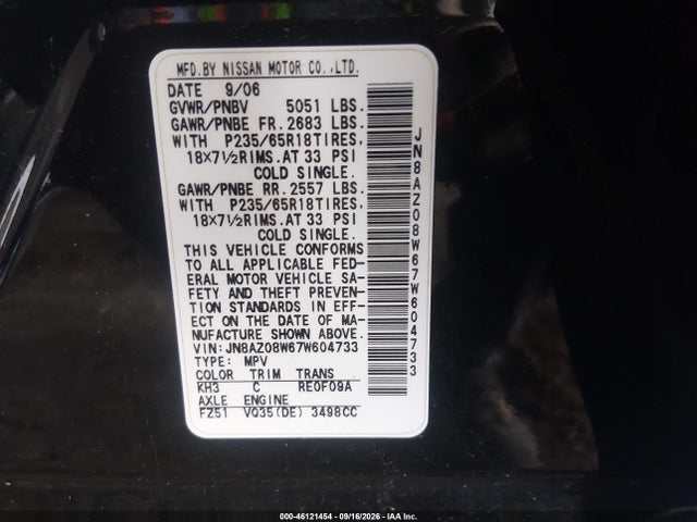 Aukcja sprzedaży 2007 Nissan Murano Sl/se/s, vin: JN8AZ08W67W604733, numer aukcji: 46121454