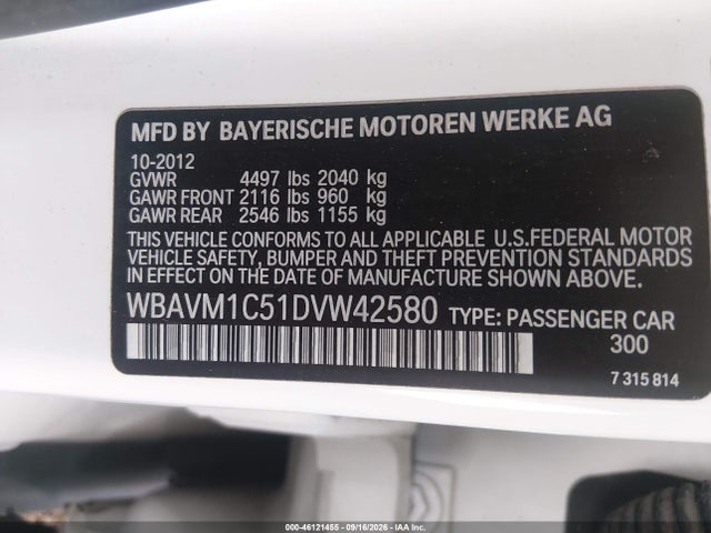 2013 Bmw X1 Sdrive28i მანქანა იყიდება აუქციონზე, vin: WBAVM1C51DVW42580, აუქციონის ნომერი: 46121455