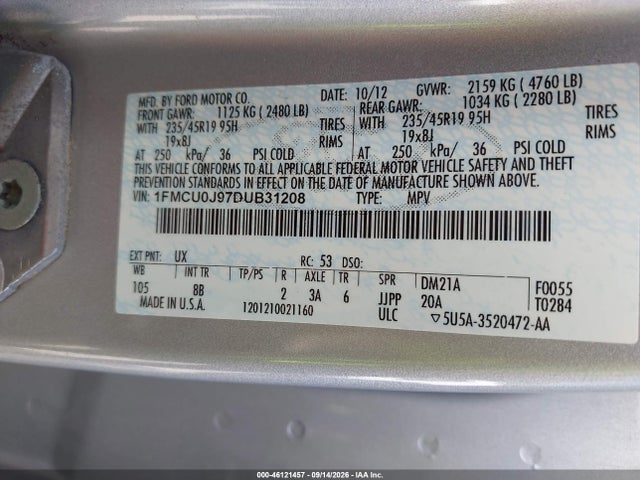 46121457 :رقم المزاد ، 1FMCU0J97DUB31208 vin ، 2013 Ford Escape Titanium مزاد بيع