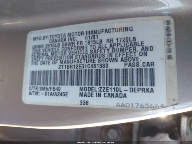 46121462 :رقم المزاد ، 2T1BR12E51C481383 vin ، 2001 Toyota Corolla Ce مزاد بيع