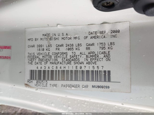 Aukcja sprzedaży 2001 Mitsubishi Eclipse Gt, vin: 4A3AC84H11E071557, numer aukcji: 46121464