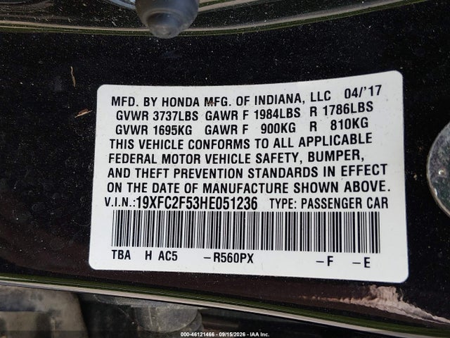 Aukcja sprzedaży 2017 Honda Civic Lx, vin: 19XFC2F53HE051236, numer aukcji: 46121466