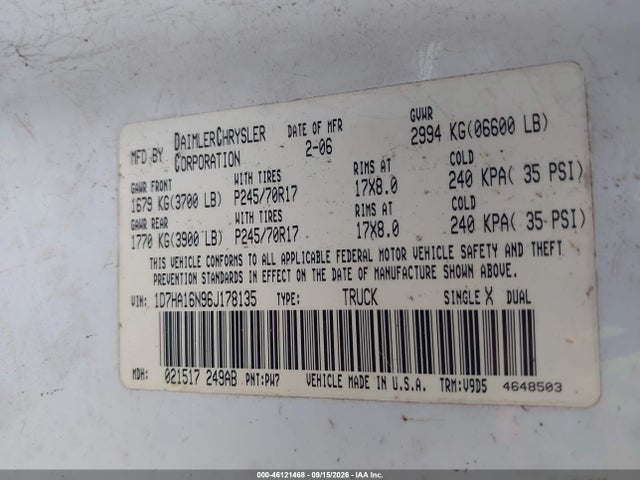 Продаж на аукціоні авто 2006 Dodge Ram 1500 St/slt, vin: 1D7HA16N96J178135, номер лоту: 46121468