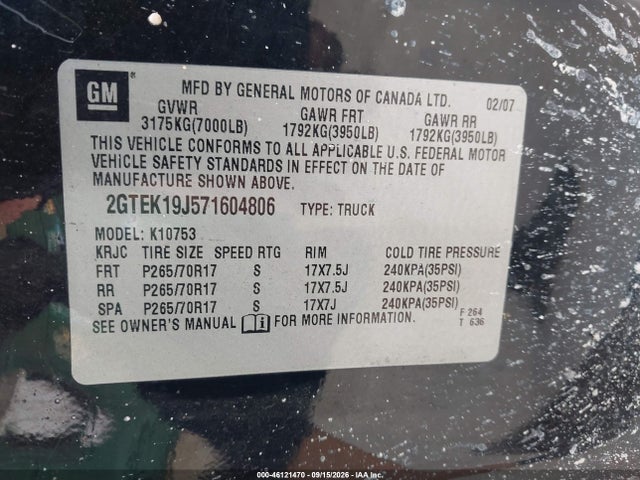Auction sale of the 2007 Gmc Sierra 1500 Sle1, vin: 2GTEK19J571604806, lot number: 46121470
